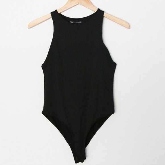 Zara Halter Bodysuit Top M High Neck Snap Buttons Sleeveless Black Blogger's Fav - Picture 7 of 16